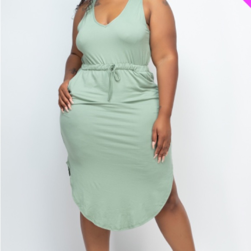 Sage Green Drawstring Waist Sleeveless Dress NWT